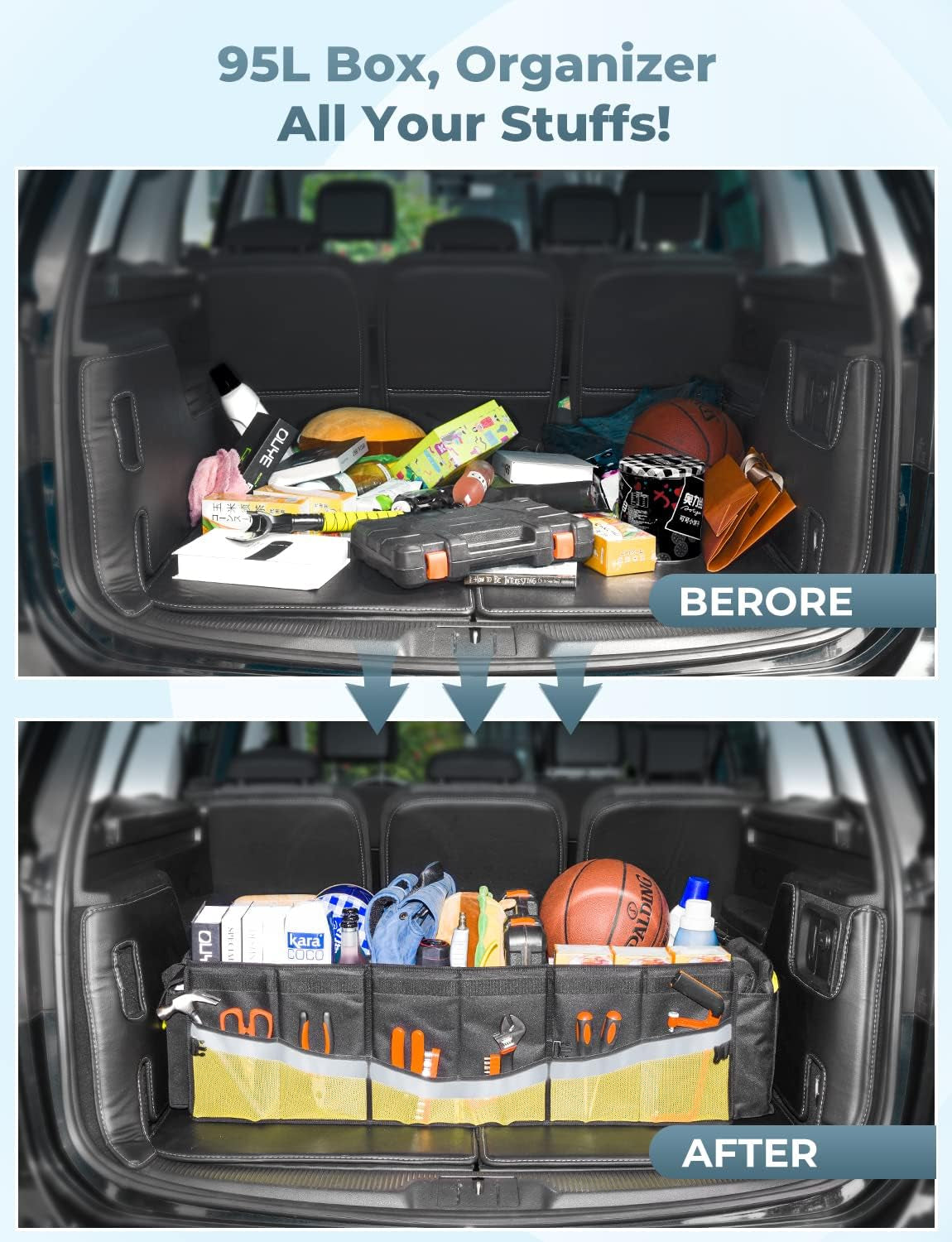 Keep Your Trunk Tidy – Large Collapsible Trunk Organizer with Removable Cooler Bag (95L) for SUV, Car & Truck