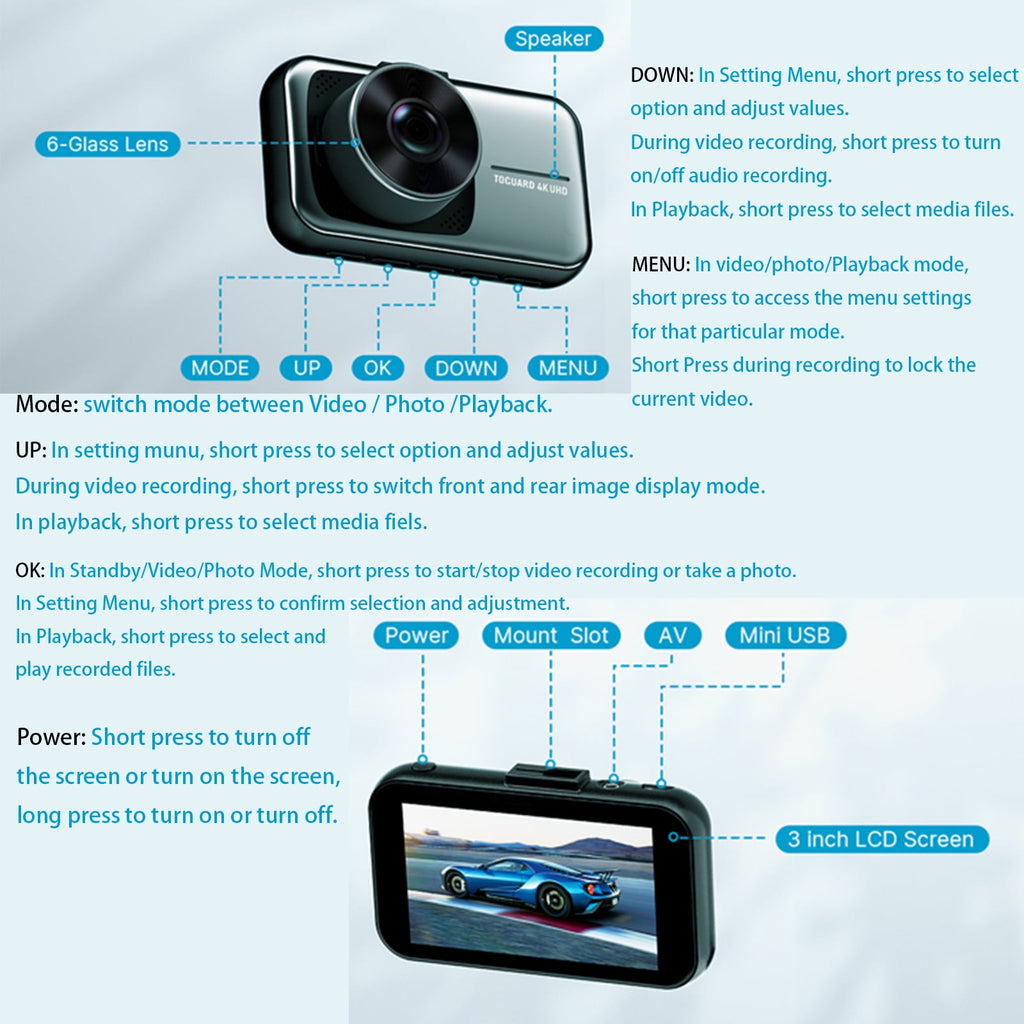 See Every Detail –  4K + 1080P Dual Dash Cam | Front & Rear, Night Vision & Parking Monitor