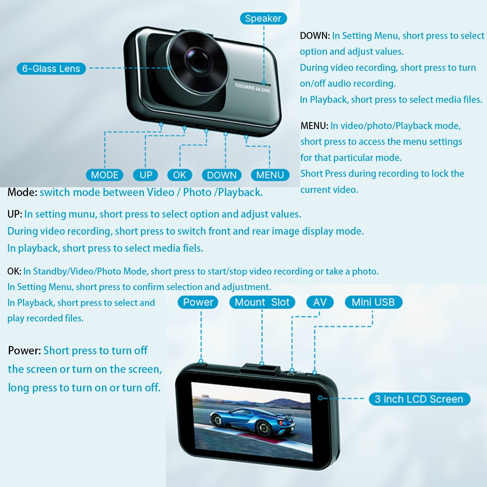 See Every Detail –  4K + 1080P Dual Dash Cam | Front & Rear, Night Vision & Parking Monitor