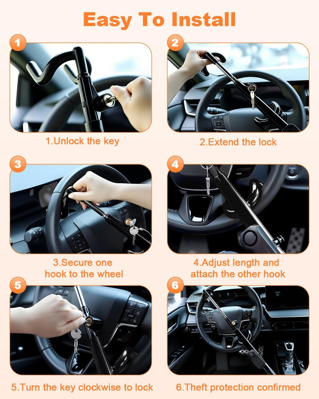 LECTOP Steering Wheel Lock with 113dB Alarm — Adjustable Anti-Theft Car Security Lock | Lock the wheel. Sound the alarm. Add another layer between your car and a thief