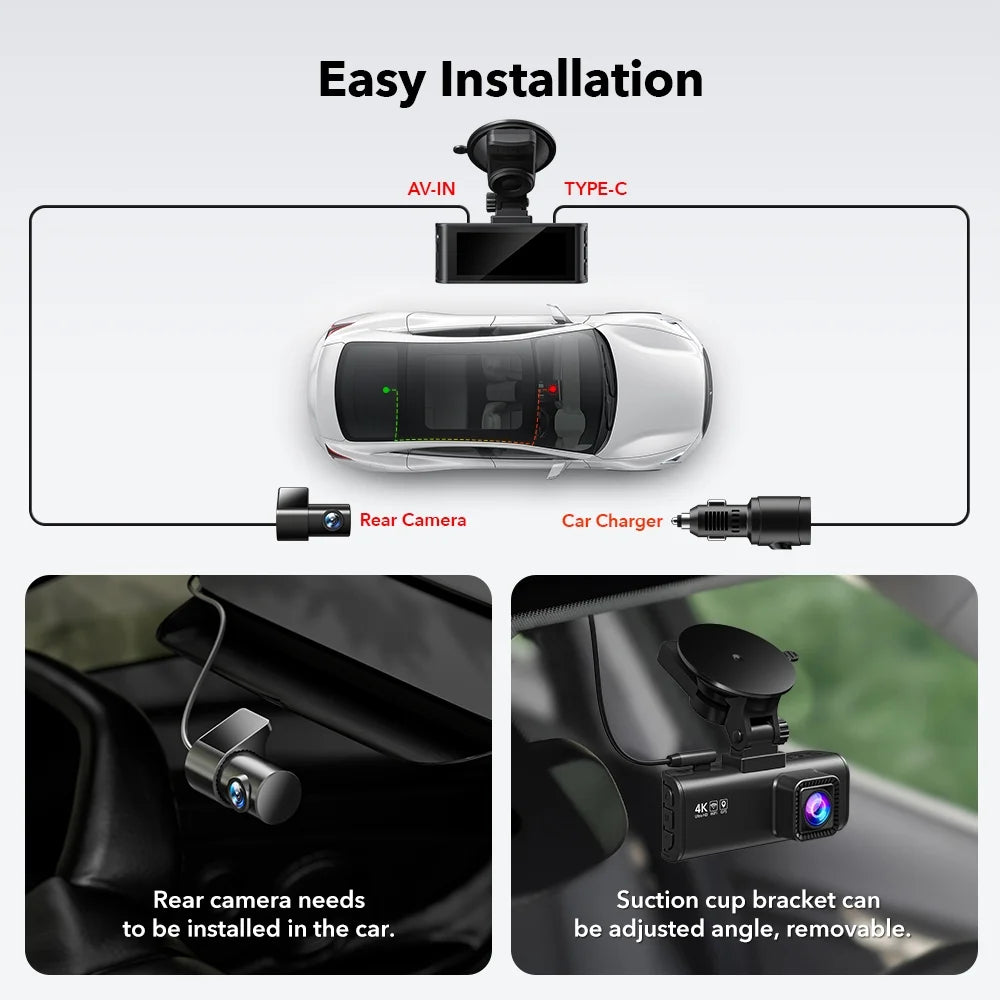 See Every Angle – 3-Channel 4K Dash Cam (Front + Rear + Inside) | Night Vision, 24 Hr Parking Guard & 32 GB Card 