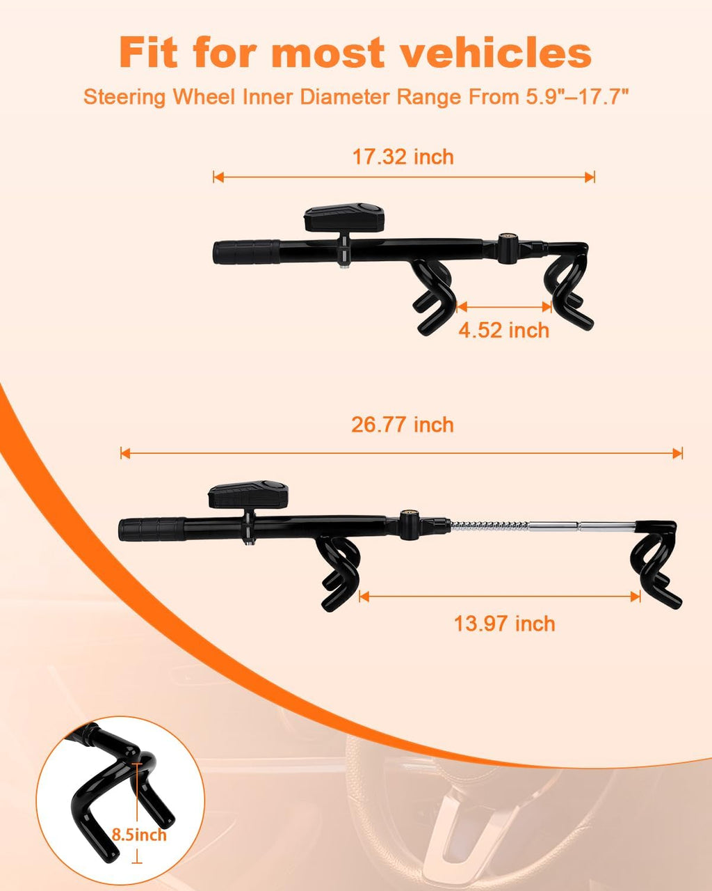 LECTOP Steering Wheel Lock with 113dB Alarm — Adjustable Anti-Theft Car Security Lock | Lock the wheel. Sound the alarm. Add another layer between your car and a thief