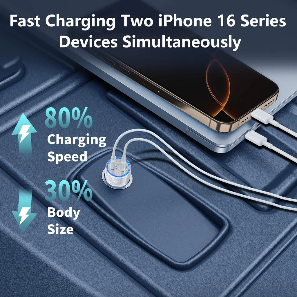 Stay Charged Anywhere – Apple MFi 90W Dual USB-C Car Charger (2-Pack) with Braided Cable