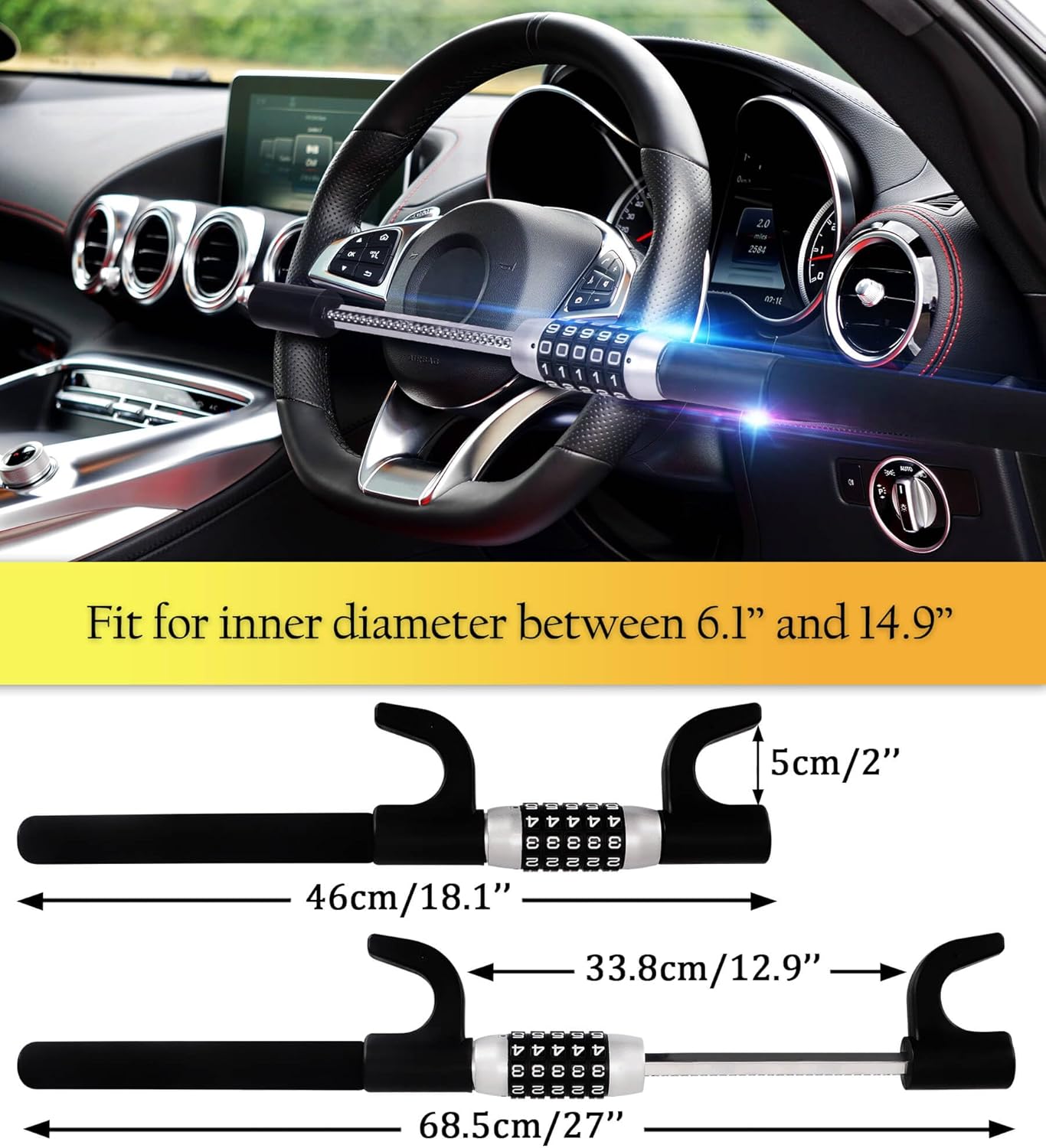 Protect Your Ride – Tevlaphee Keyless Steering Wheel Lock | 5-Digit Password Anti-Theft System, Heavy-Duty Universal Fit