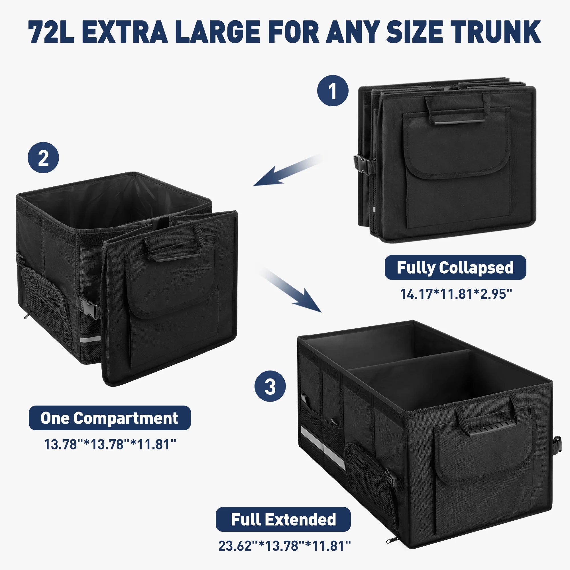 72L Collapsible Car Trunk Organizer — 3 Compartments, Shoe Storage & Removable Lid | Stop letting your trunk become a junk drawer.