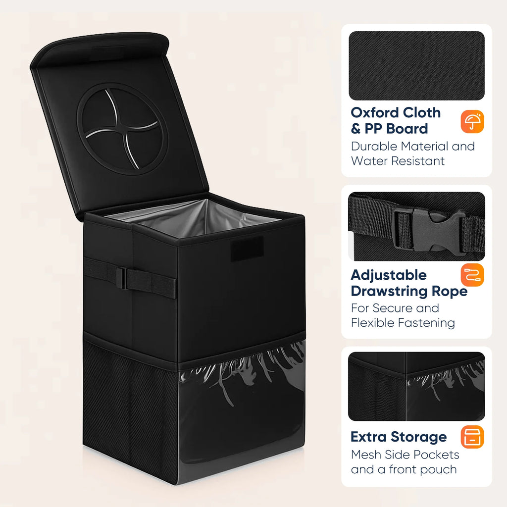 Keep Your Ride Clean – 3 Gallon Waterproof Car Trash Can with Lid & Mesh Pockets | Universal Fit for Cars, Trucks & SUVs