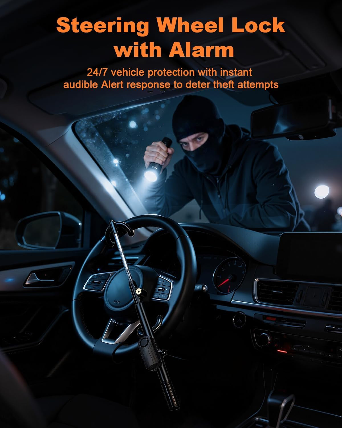 LECTOP Steering Wheel Lock with 113dB Alarm — Adjustable Anti-Theft Car Security Lock | Lock the wheel. Sound the alarm. Add another layer between your car and a thief