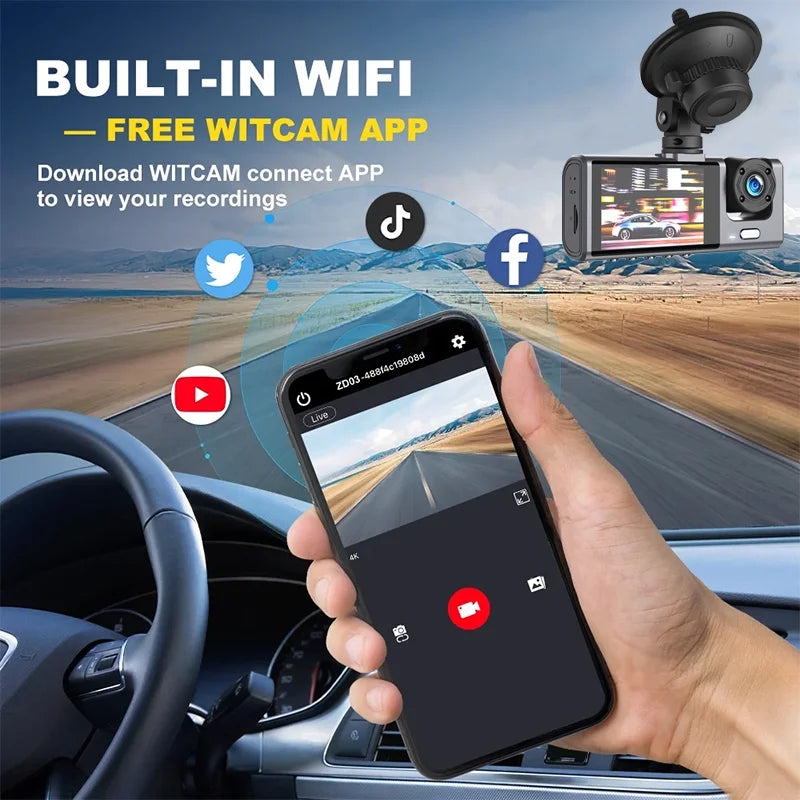 360° 4-Channel Dash Cam — Front, Cabin & Rear + Wi-Fi, GPS & 64GB Card | One camera. More angles. More evidence when it matters.
