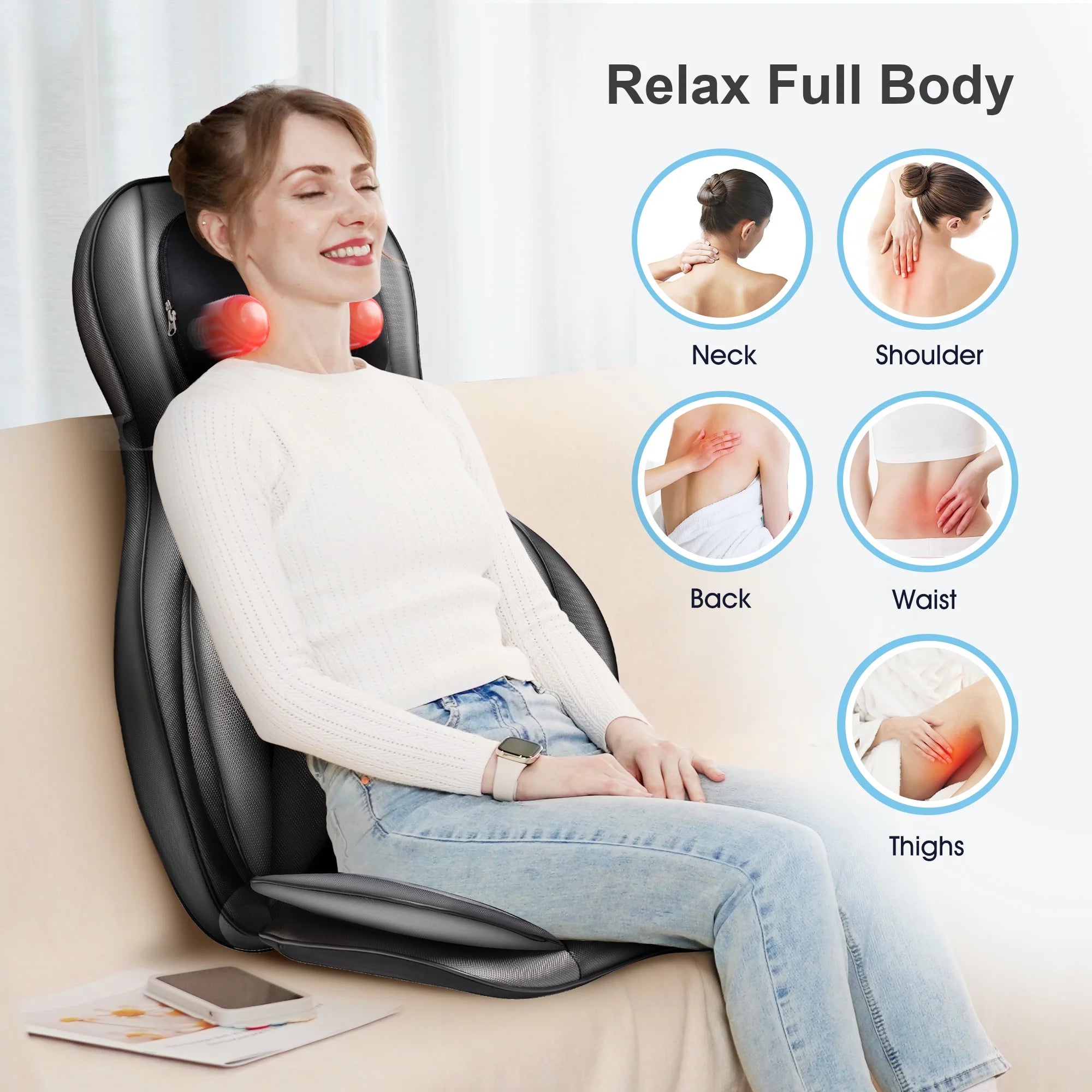 Relax On-The-Go – Comfier Back Massager with Heat Shiatsu Pad | Air Compression & Rolling Nodes for Neck, Back & Hips 