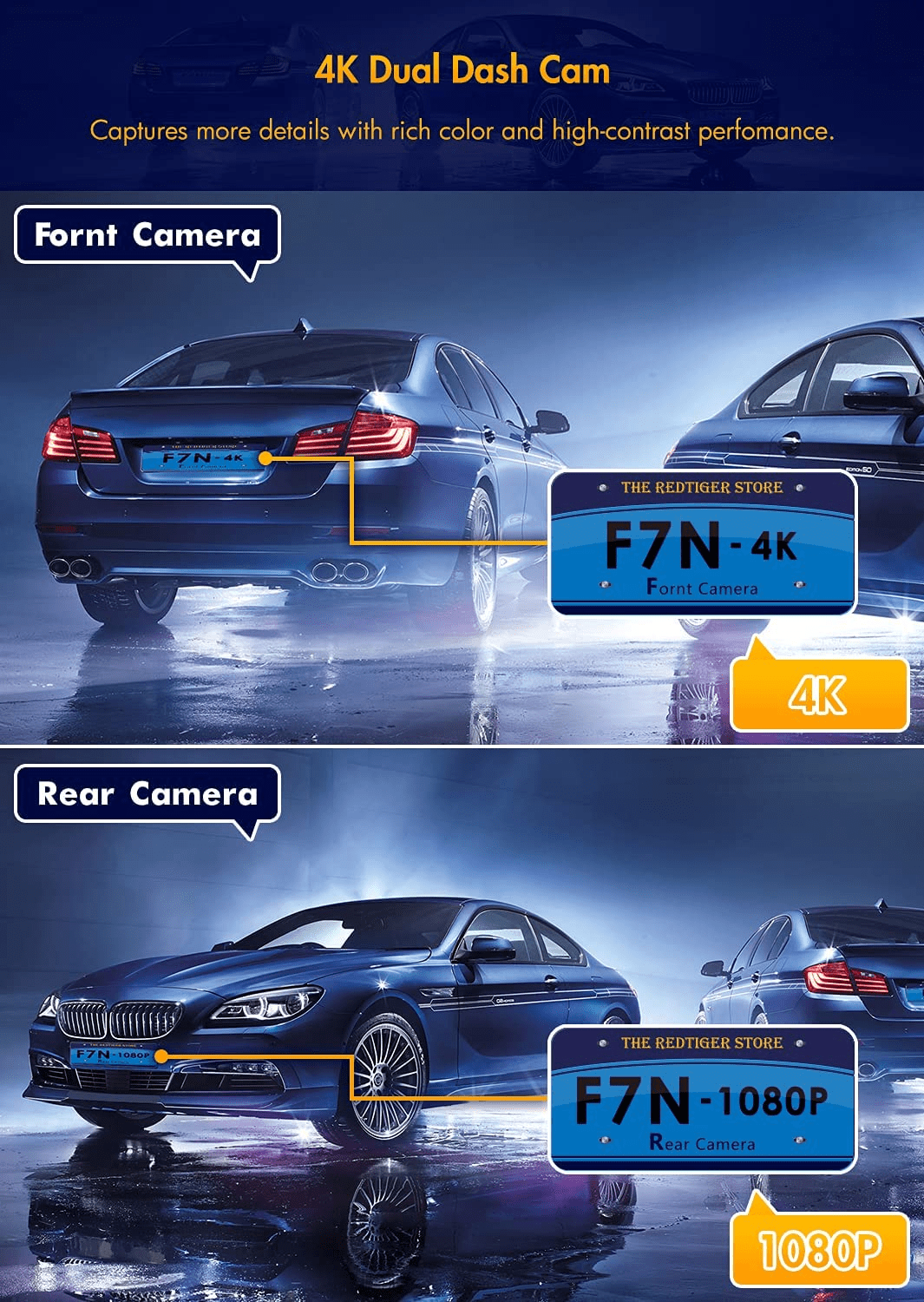 See Every Detail –  4K + 1080P Dual Dash Cam | Front & Rear, Night Vision & Parking Monitor