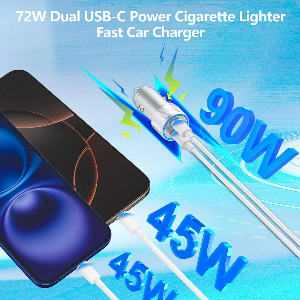 Stay Charged Anywhere – Apple MFi 90W Dual USB-C Car Charger (2-Pack) with Braided Cable