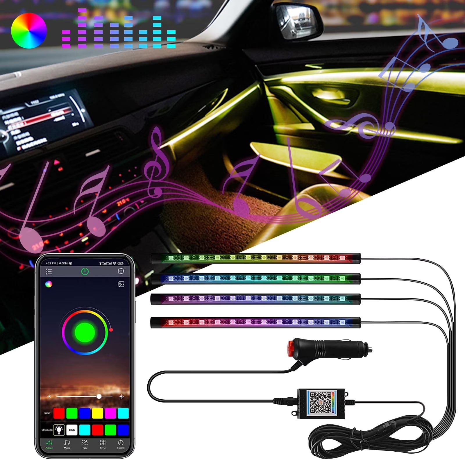 Light Up Your Ride –  Interior LED Strip Lights (4-Pack) | 16 M Colors, Music Sync & Voice Control